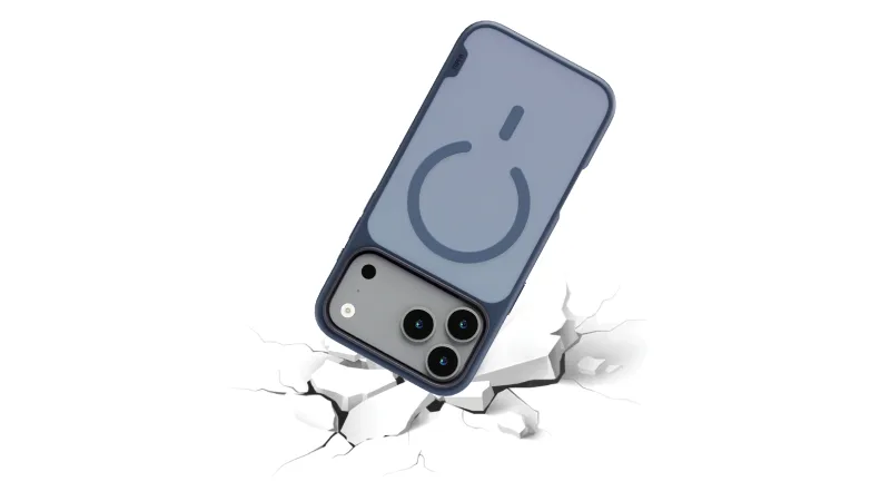 Smartphone with blue case, illustrating durability and drop protection.
