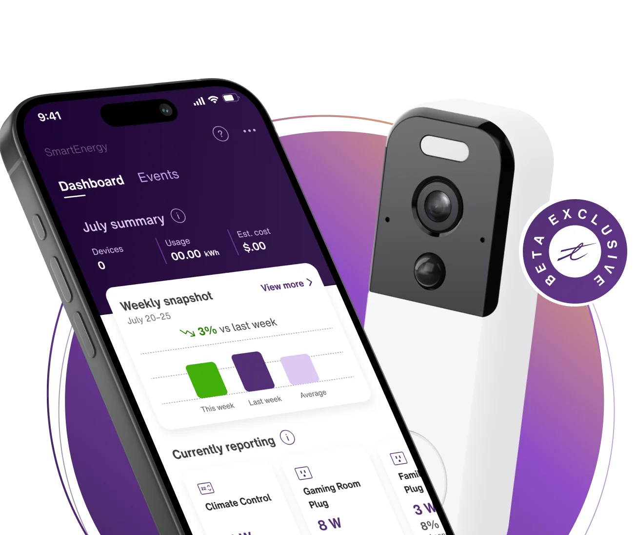 A smart phone showing the TELUS SmartHome+ app with energy usage tips, positioned next to a TELUS smart doorbell camera with a Beta Exclusive badge.