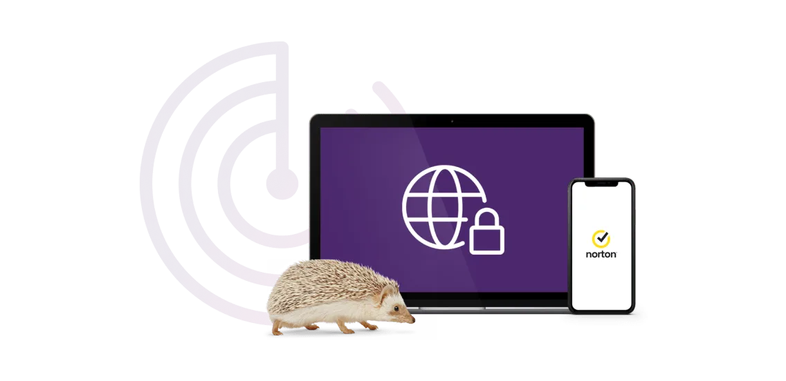 A laptop and smartphone screen showing Norton logos.