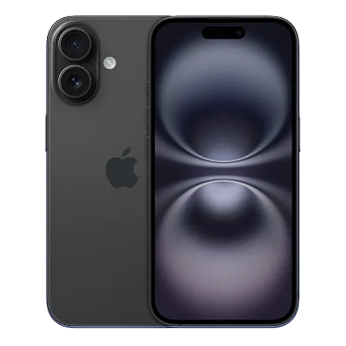 Front and back view of iPhone 16 in Black.