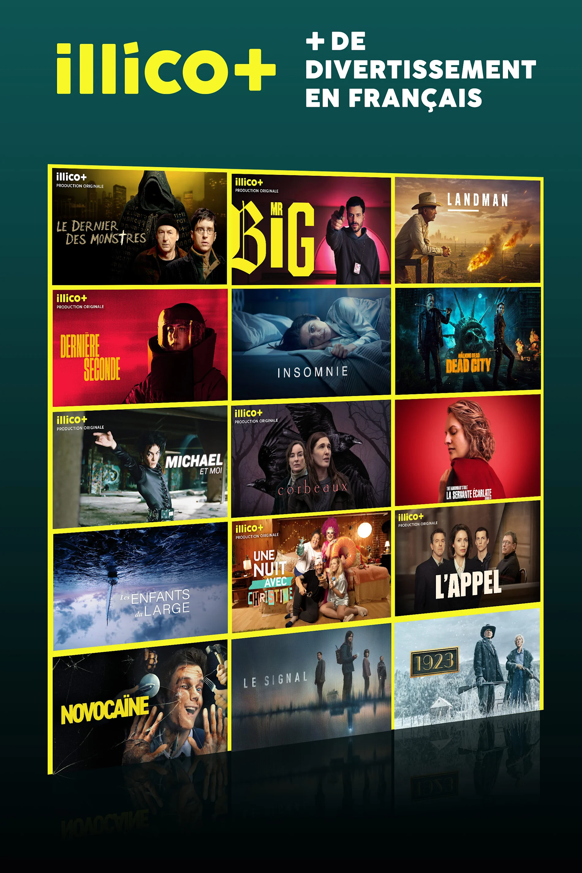 Série d'affiches présentant du contenu populaire - offert uniquement sur illico+.