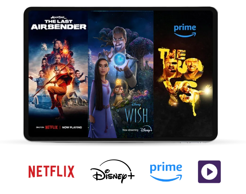 A TV screen shows posters for popular TV shows The Last Airbender, Echo and The Boys with logos for Netflix, Disney+ and Amazon Prime.