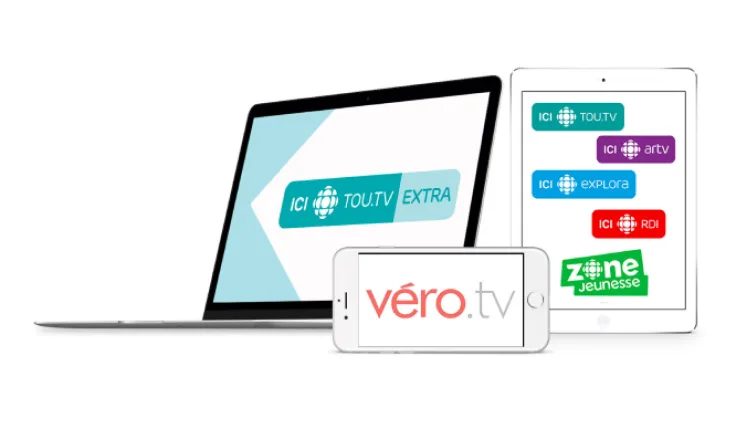 A laptop, phone and tablet showing the TOU.TV EXTRA logo and Véro.tv and Radio-Canada specialised channels.