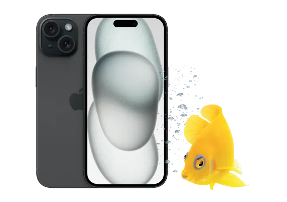 A vibrant yellow fish swims around the front and back view of the iPhone 15 in black.