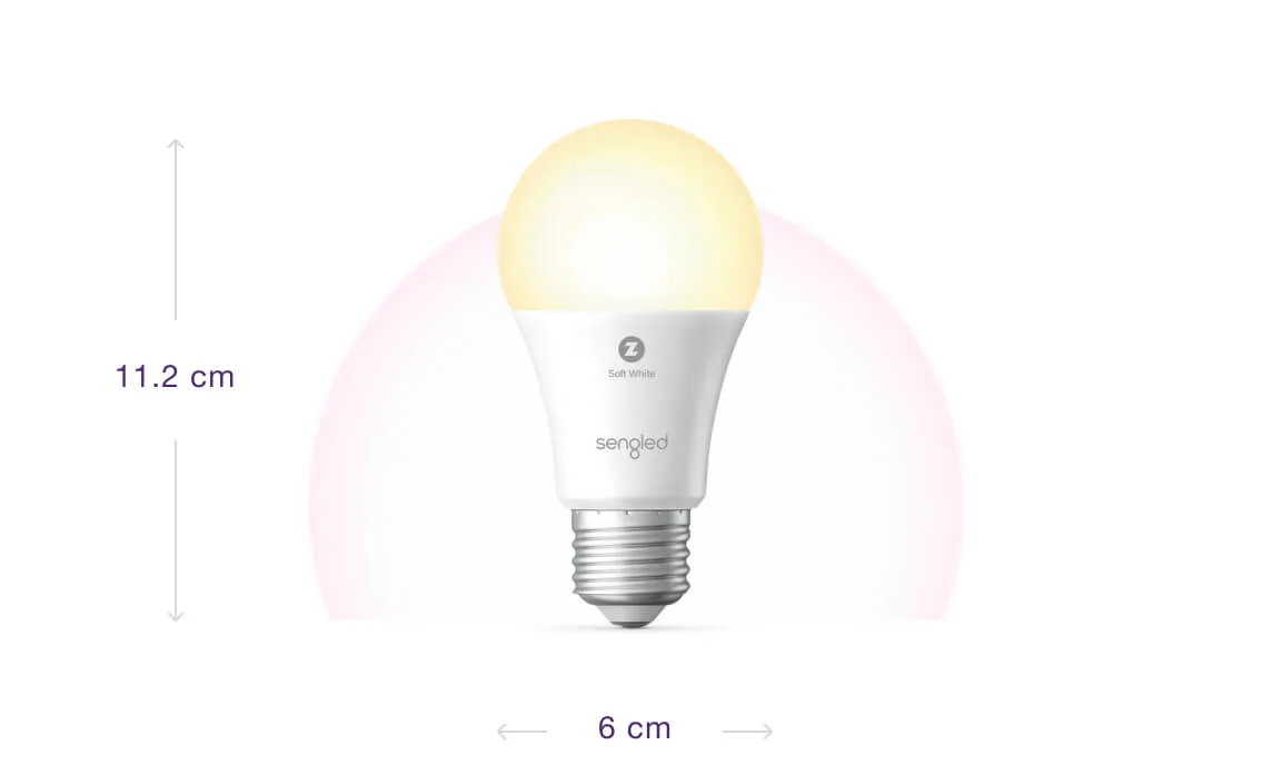 An LED smart bulb - the bulb measures 11.2 centimetres high by 6 centimetres wide.