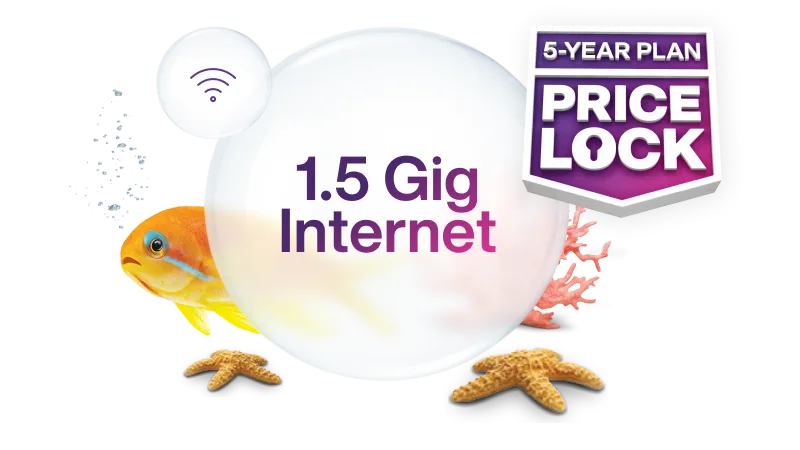 White Wi-Fi router surrounded by coral, starfish, and an orange fish, with a "5-Year Plan Price Lock" badge a bubble that says "1.5 Gig Internet".