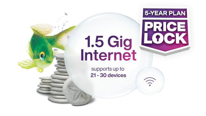 White Wi-Fi router surrounded by coral, starfish, and an orange fish, with a "5-Year Plan Price Lock" badge a bubble that says "1.5 Gig Internet, supports up to 21-30 devices".