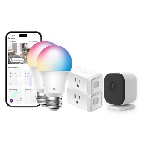 A security camera, smart plugs, smart light bulbs, and a smartphone.