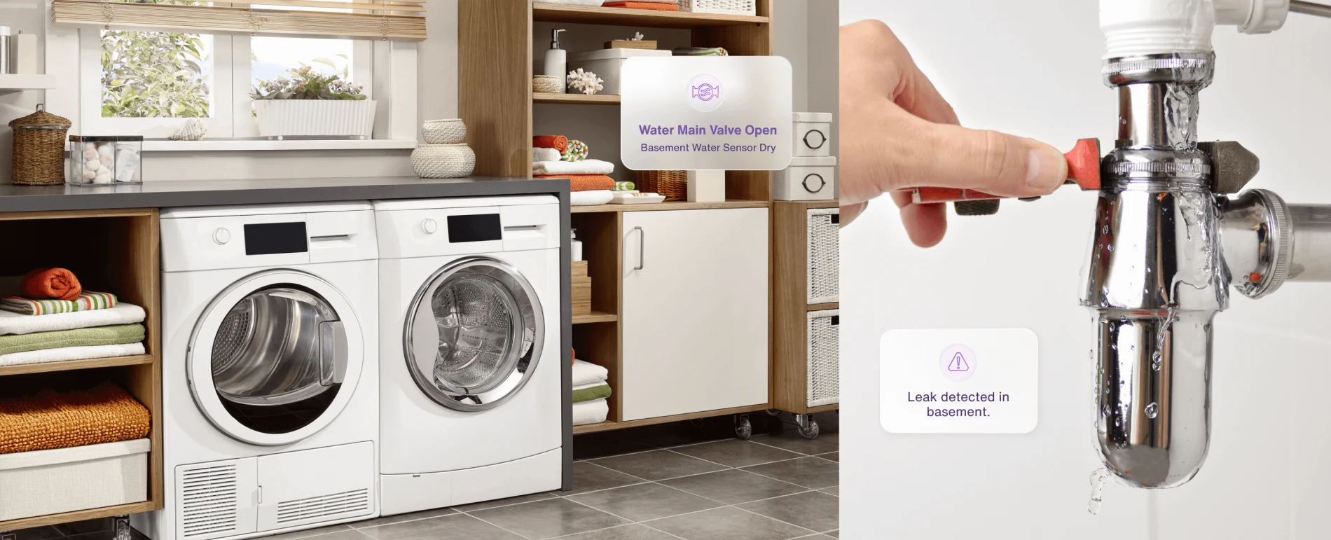 A split screen depicting a washer/dryer with app notification and a water shutoff valve with app notification