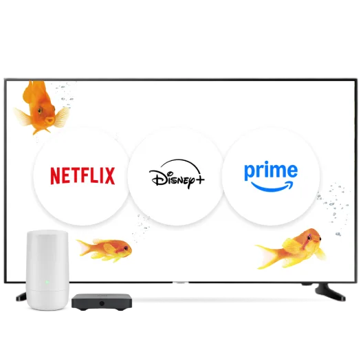 TV displaying Netflix, Disney+, and Prime Video logos next to Wi-Fi hardware, surrounded by colorful fish.