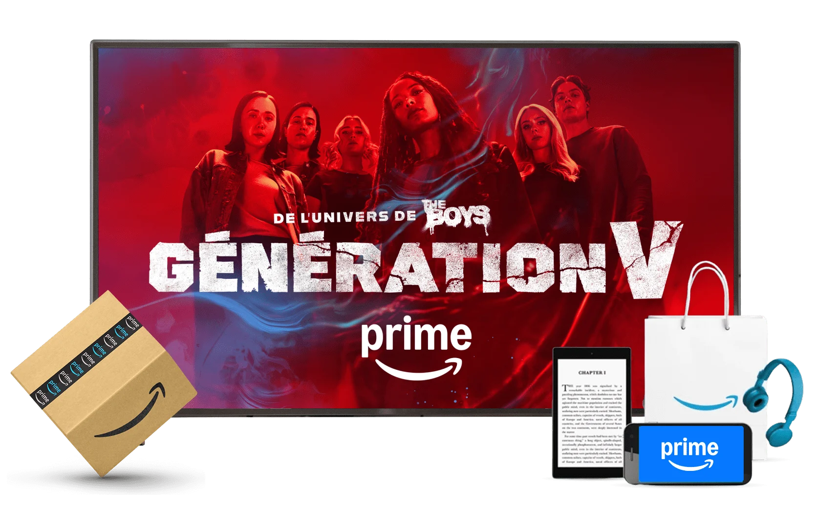 Amazon Prime, une image montre des colis d’Amazon, une liseuse Kindle, un téléphone intelligent, des écouteurs et une télévision avec une affiche du film Gen V Season 2.
