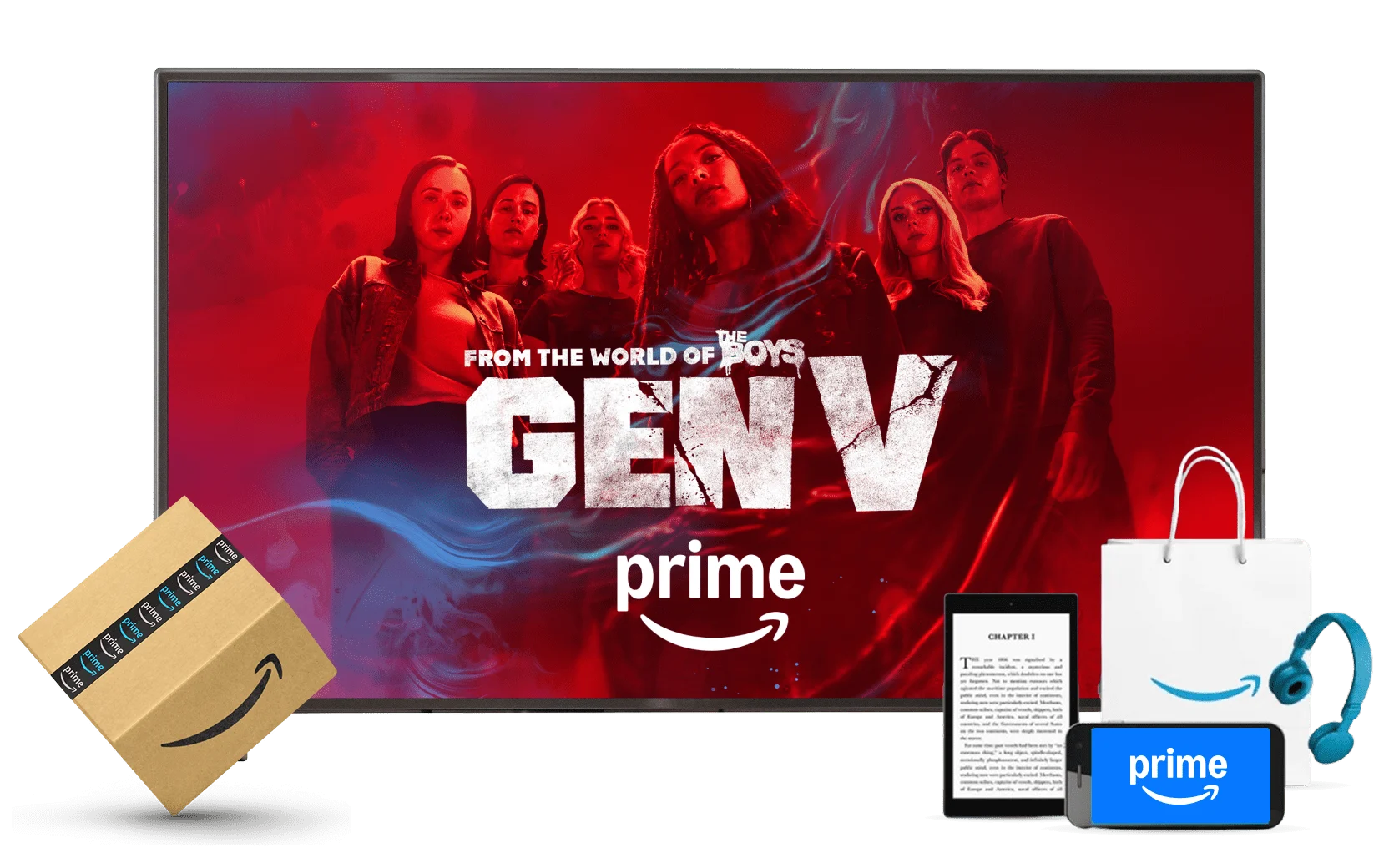 Amazon Prime, image shows amazon parcels, a Kindle e-reader, a smartphone, headphones and a television with a poster for Gen V Season 2