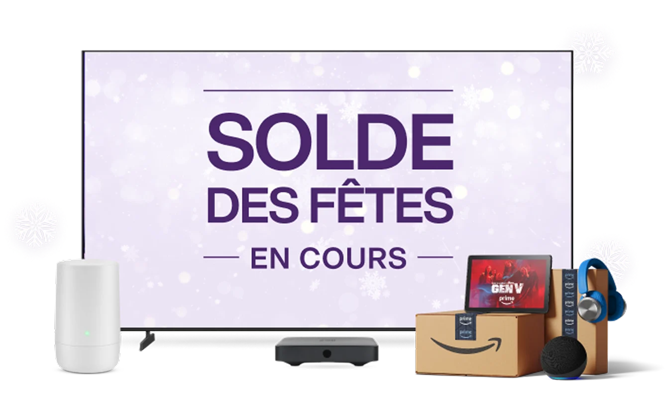 Une télévision, un modem TELUS, une tablette et des colis Amazon. L'écran de télévision affiche le texte « Soldes des Fêtes en cours ».