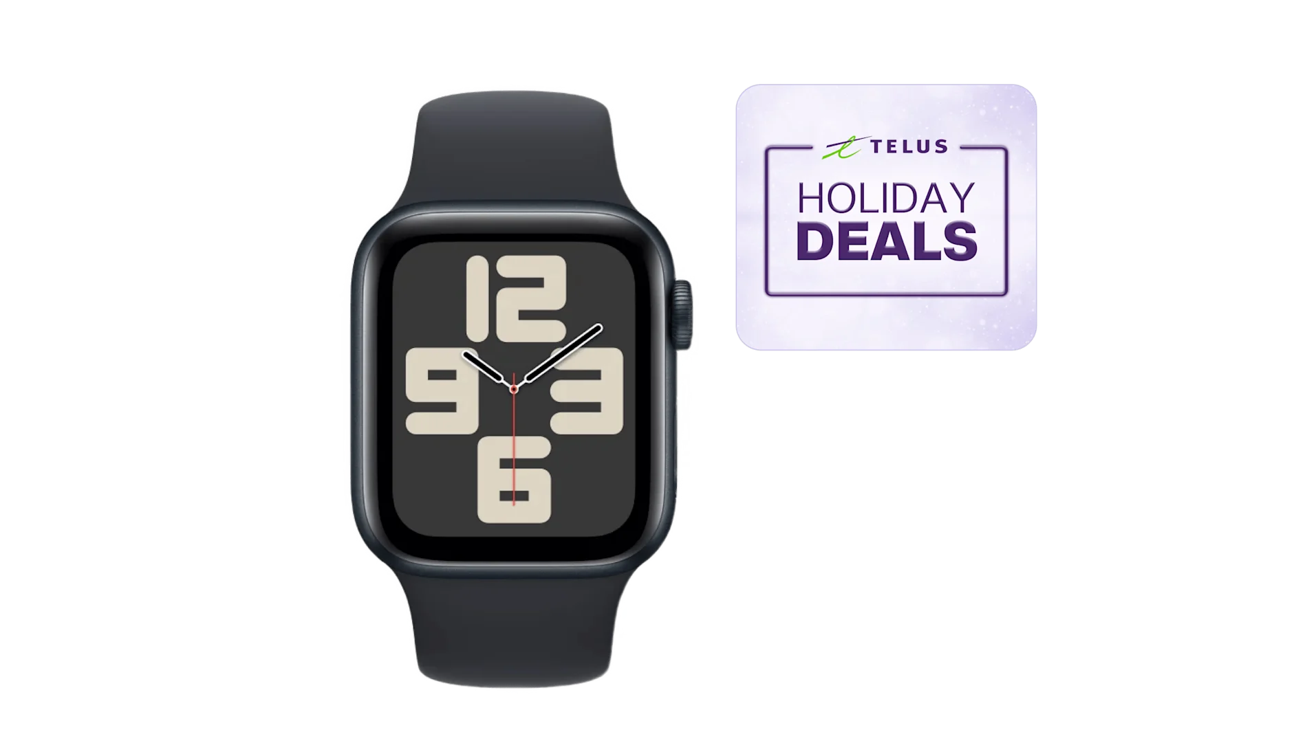 An Apple Watch SE with the TELUS Holiday Deals stamp on the right side.