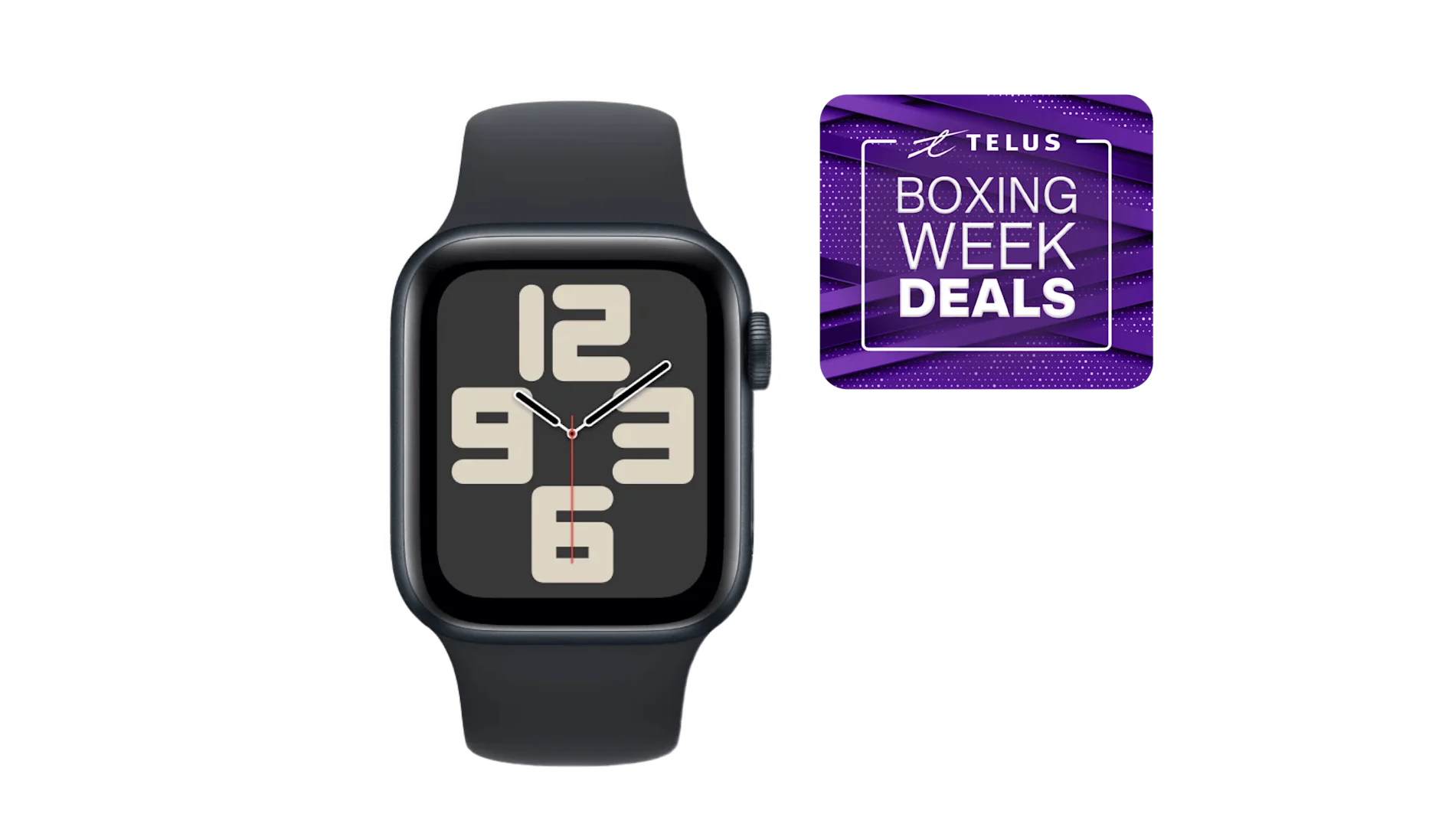 An Apple Watch SE with the TELUS Boxing Week deals stamp on the right side.