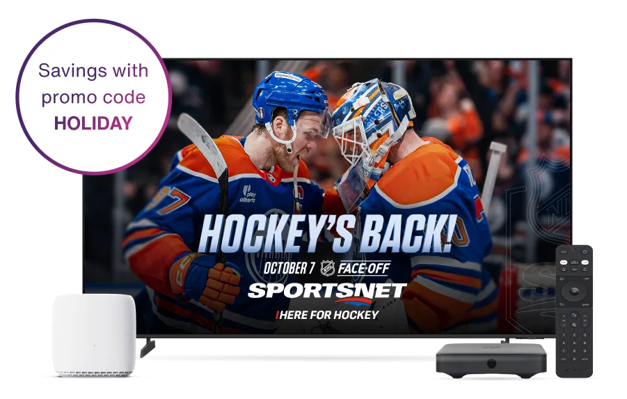 A TV, digital box and TELUS modem. The TV displays Hockey's back! on Sportsnet. A roundel on the left reads: Savings with Promo Code HOLIDAY.