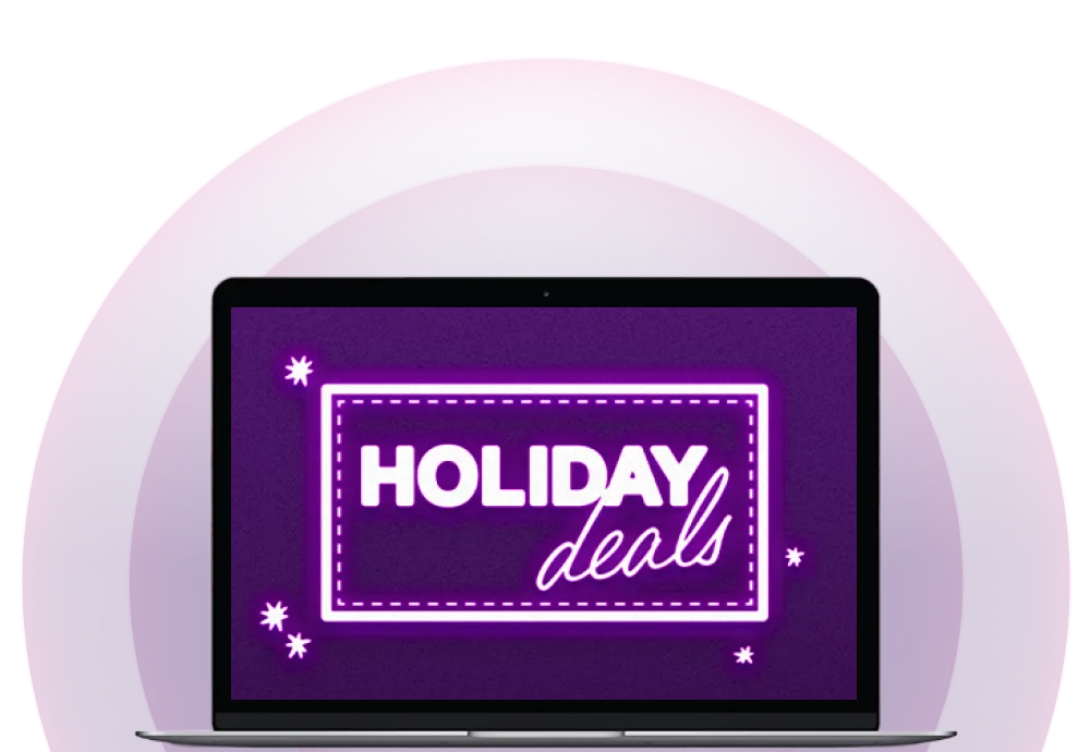 A laptop screen displaying a Holiday deals logo.