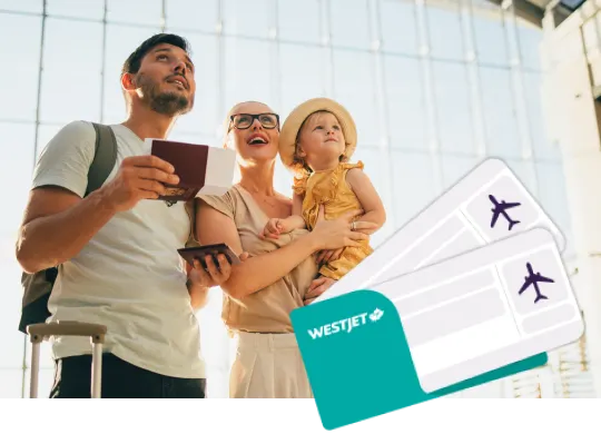 Une famille se tient debout dans un aéroport avec des passeports et des billets d’avion de WestJet à l’avant-plan.