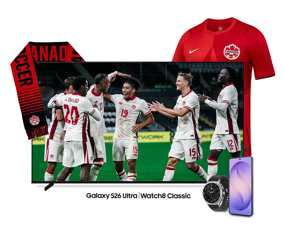 Samsung Galaxy S26 Ultra and Watch8 Classic promotional image featuring Canadian soccer players.