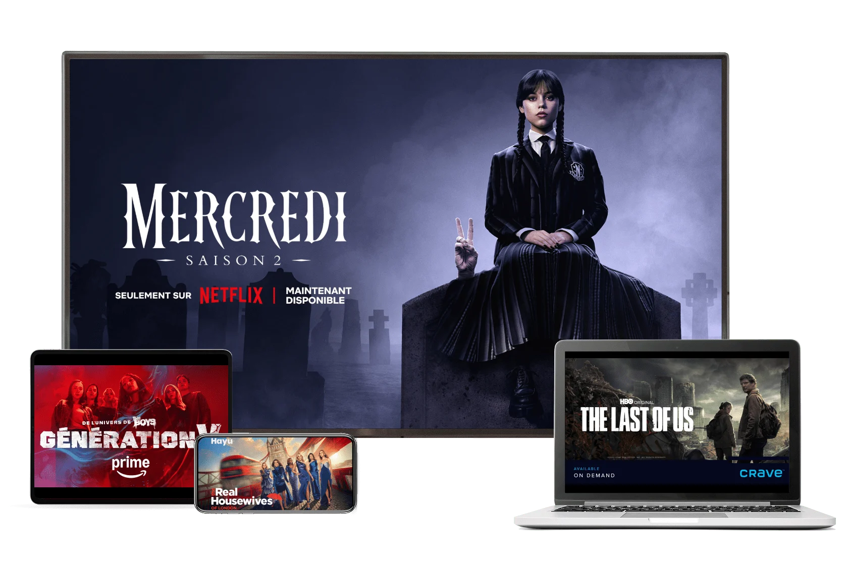 Un grand téléviseur, une tablette et un téléphone intelligent avec l'application TELUS TV ouverte, présentant des contenus populaires comme Stat, Quel talent et Tout le monde en parle.