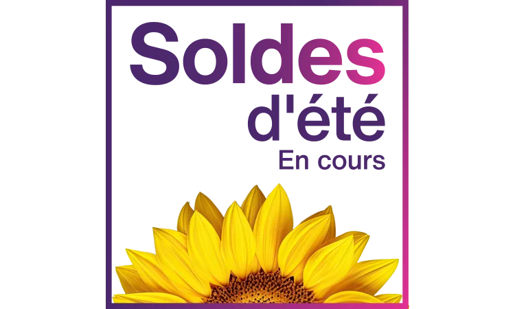 Un cadre violet et rose entoure le texte « Soldes d’été en cours » et un tournesol jaune éclatant symbolisant le début de l’été.
