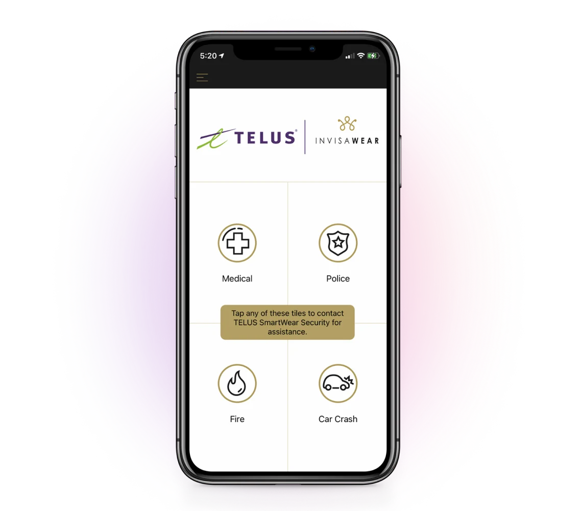 A view of the TELUS SmartWear Security InvisaWear App