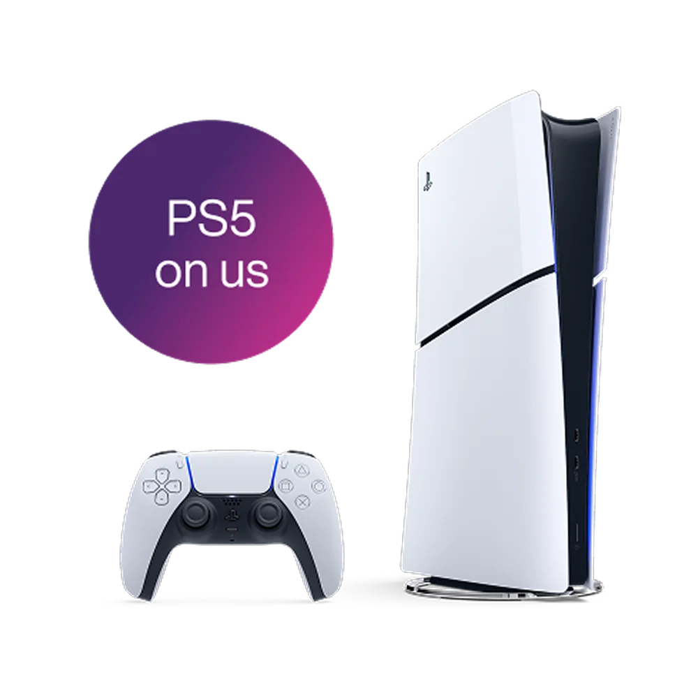 A PlayStation 5 console and remote. A roundel reads “PS5 on us”.