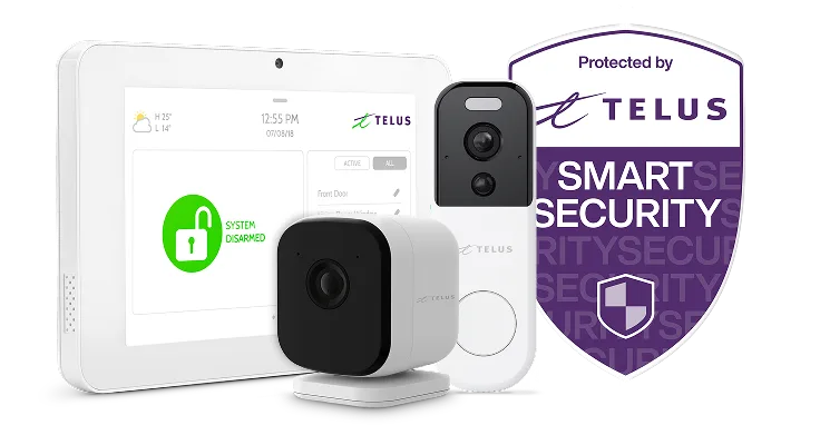 A collection of white TELUS Smart Home Security devices, including a control panel, a video doorbell, and an indoor/outdoor camera, alongside a purple and white "Protected by TELUS Smart Security" graphic.