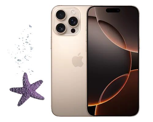 Desert Titanium iPhone 16 Pro shown from front and back views with black screen display, accompanied by purple starfish decoration on light background.