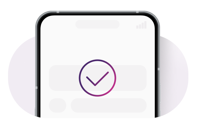 Graphic of the top half of a smartphone displaying a prominent purple and pink gradient checkmark icon inside a circle, symbolizing a successful compatibility check.