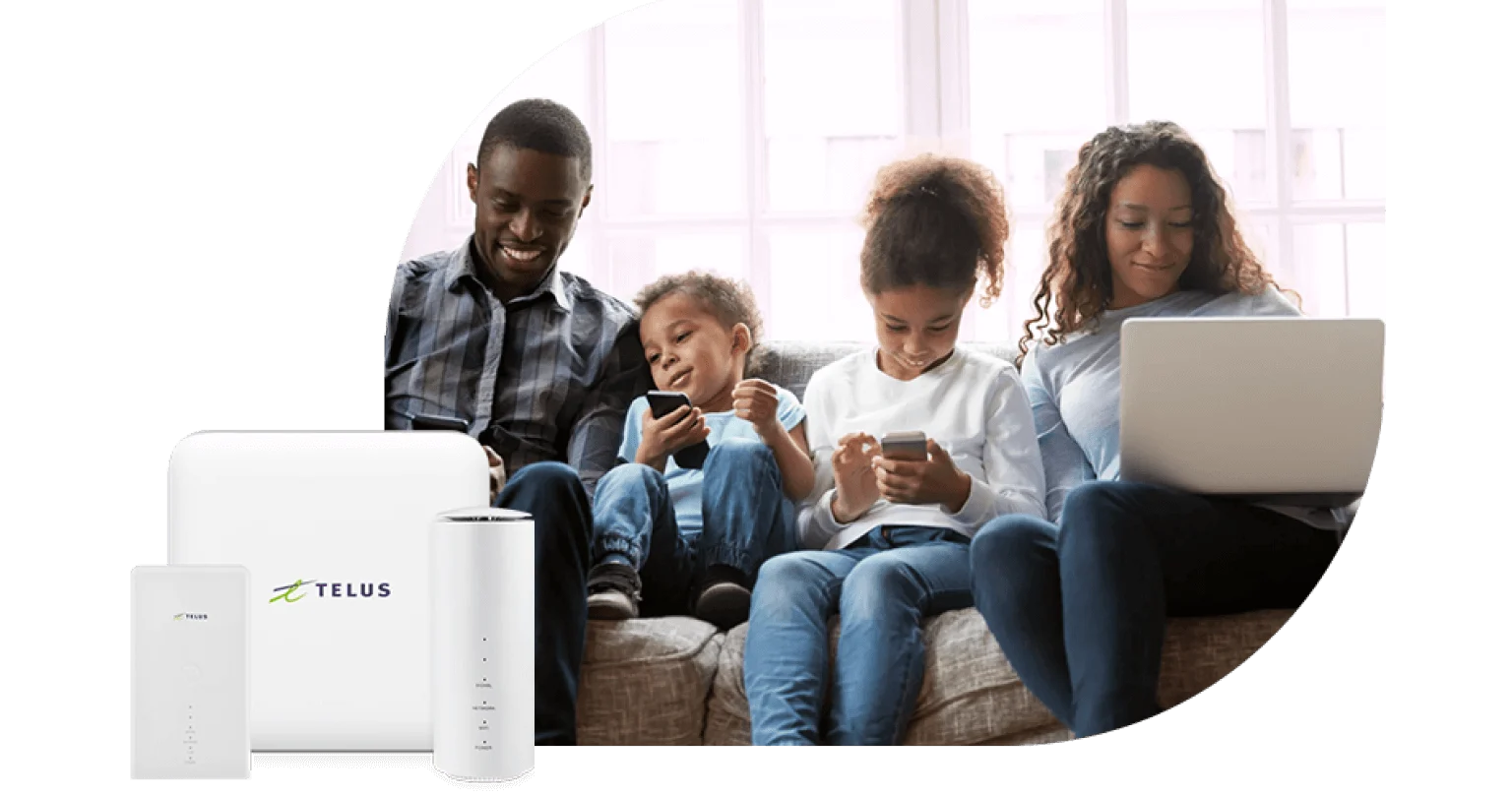 An image showing TELUS 5G Internet devices beside an image of a family seated together interacting with each other and a variety of electronic devices.