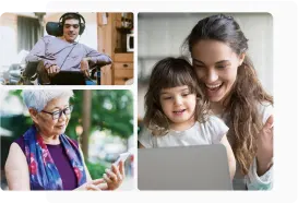 A person sitting in a wheelchair, an elderly woman and a woman with a child using devices like phones and tablets.