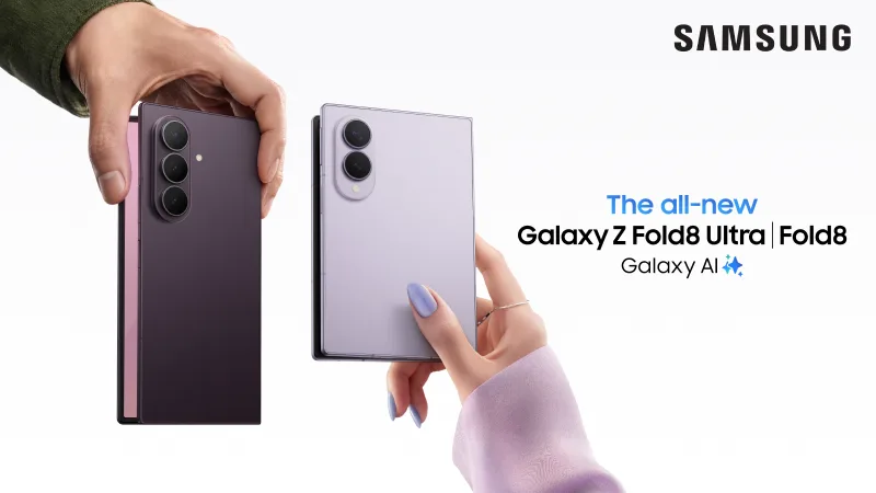 Two hands holding up the two all-new folding devices from Samsung: Galaxy Z Fold8 and Z Fold8 Ultra.