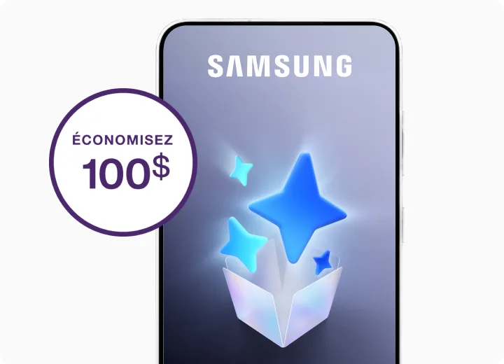 Téléphone intelligent avec un logo en forme d'étoile bleue AI à l'écran et un badge promotionnel « ÉCONOMISEZ 100 $ ».