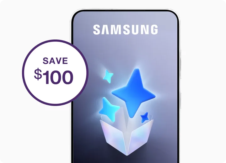 Smartphone with blue AI star graphic on screen and 'SAVE $100 promotional badge.