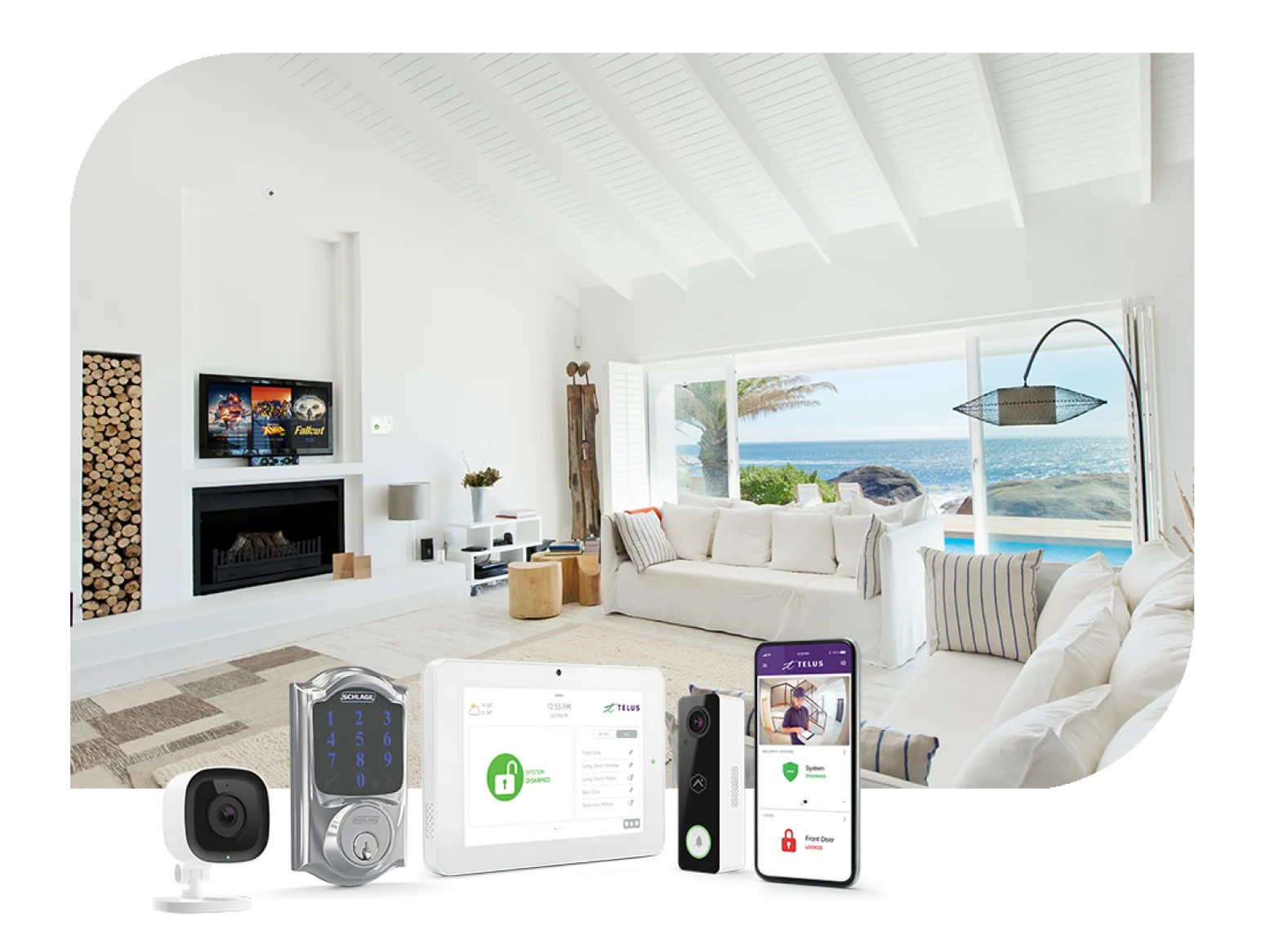 The interior of a luxury vacation home and an assortment of TELUS security devices.