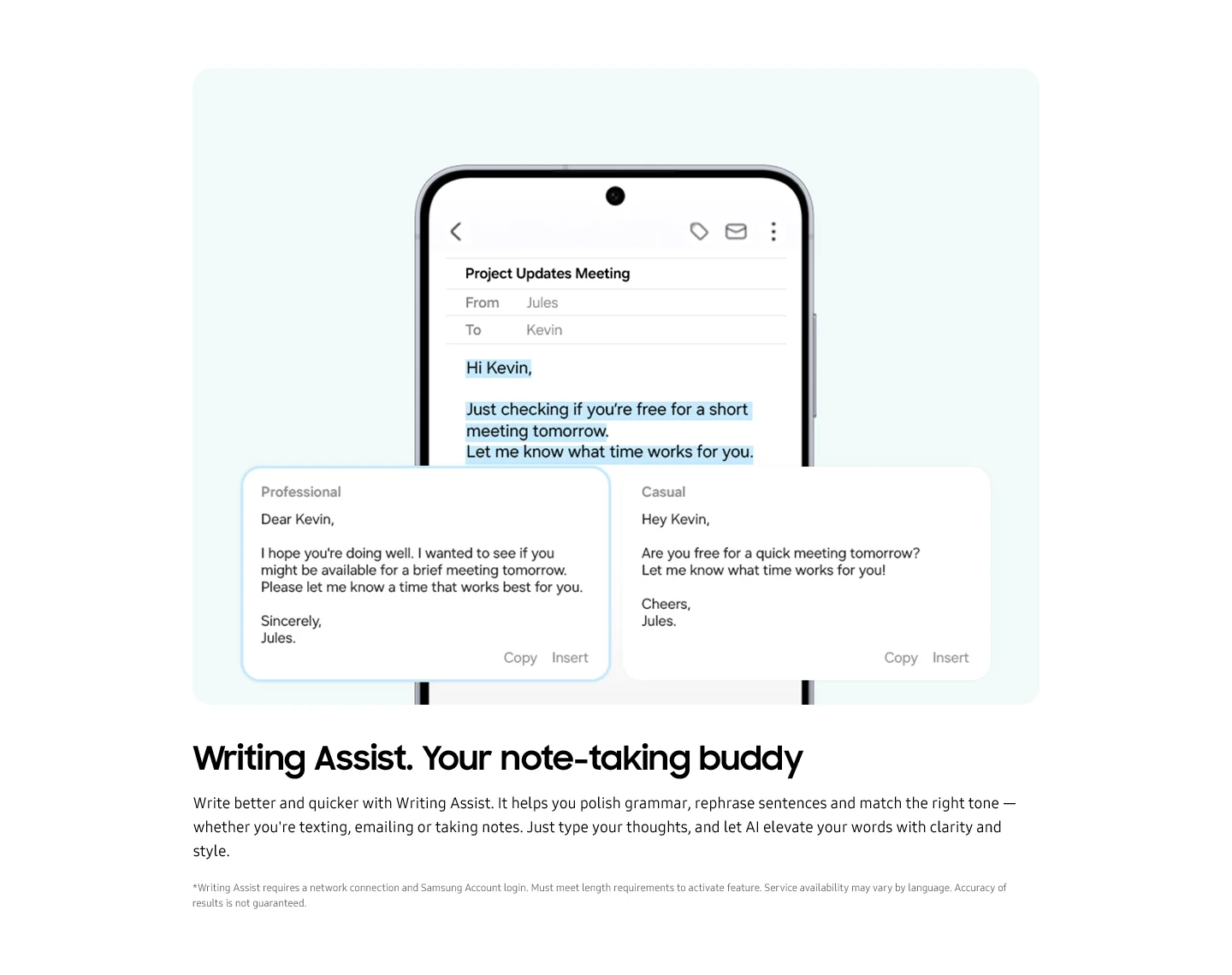 Samsung Writing Assist on a smartphone email shows AI-powered grammar and rephrasing with Professional and Casual tone options.