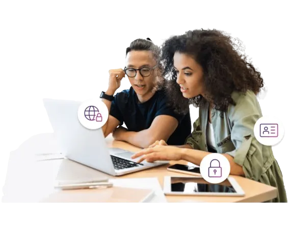 An image showing a man and a woman using her laptop beside him. Online security icons can also be seen on the background.