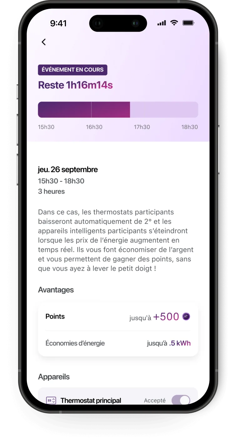 Application TELUS MC+ affichant un défi d’économie d’énergie Énergie intelligente en cours, les récompenses possibles et les appareils inscrits. 