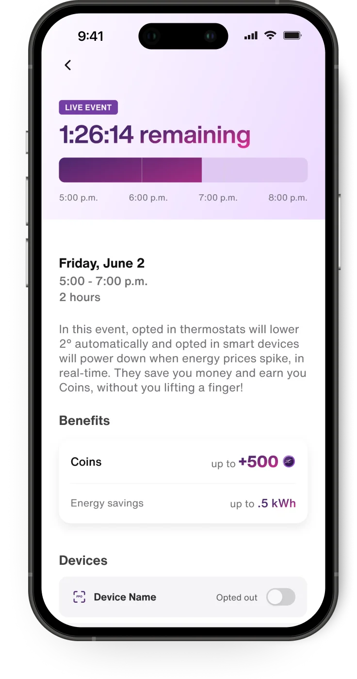 Application TELUS MC+ affichant un défi d’économie d’énergie Énergie intelligente en cours, les récompenses possibles et les appareils inscrits. 