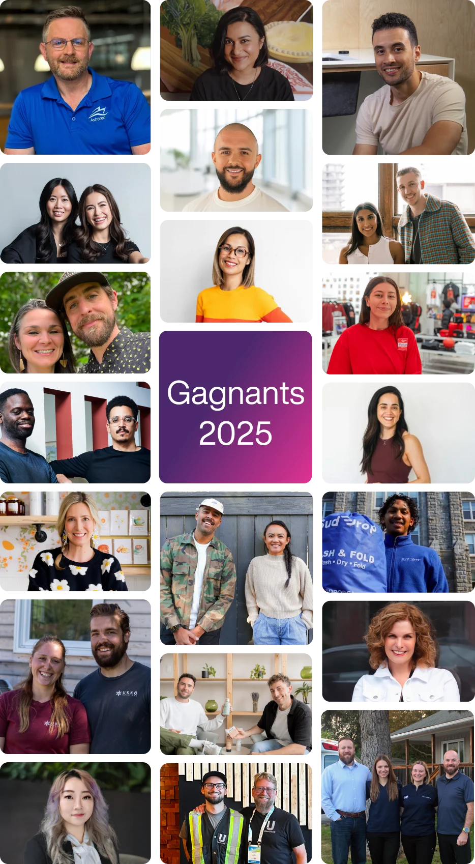 Collage des lauréats du concours Aidons Nos PME 2025, mettant en valeur des propriétaires de petites entreprises canadiennes issus de divers secteurs.