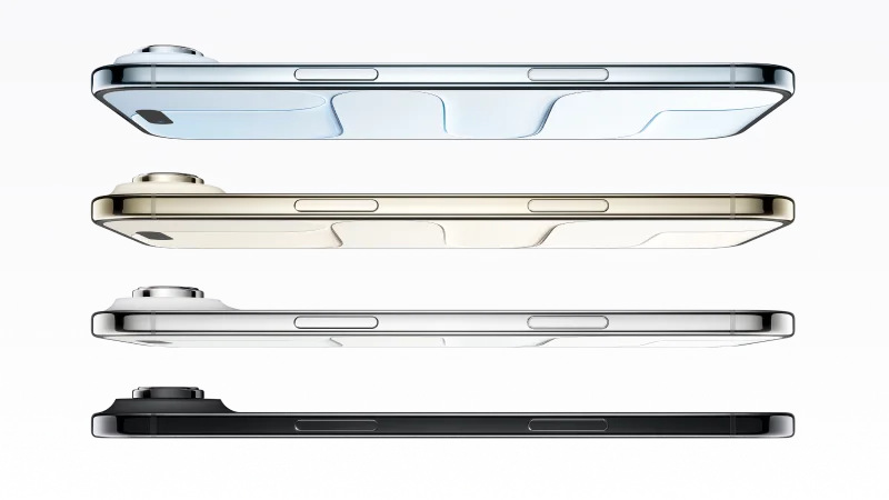 Side view of an ultra-slim iPhone Air being held by fingertips, with the Apple logo and 'iPhone Air' branding displayed above.