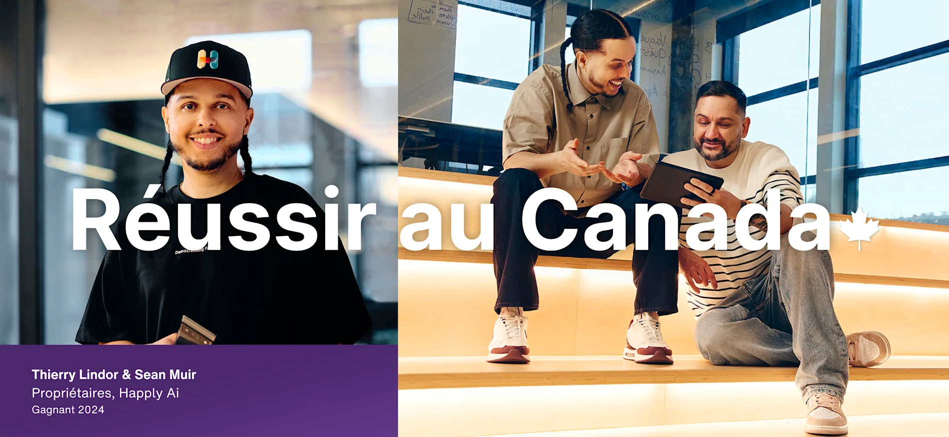 Lauréats 2024, Thierry Lindor et Sean Muir, propriétaires de Happly Ai, assis dans un espace de bureau contemporain avec une tablette. Le texte superposé dit « Made it in Canada » avec une feuille d'érable.