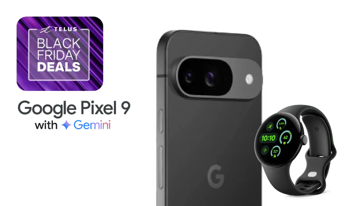 A logo that reads "Black Friday Deals" floats above the back view of a Google Pixel 9 and a Pixel Watch 3.