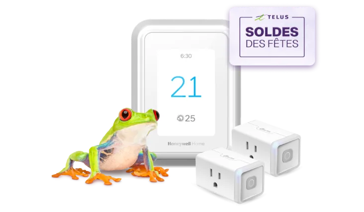 Une grenouille se tient à côté d’un thermostat intelligent et de deux prises de courant intelligentes qui portent l’inscription « Soldes des Fêtes ».