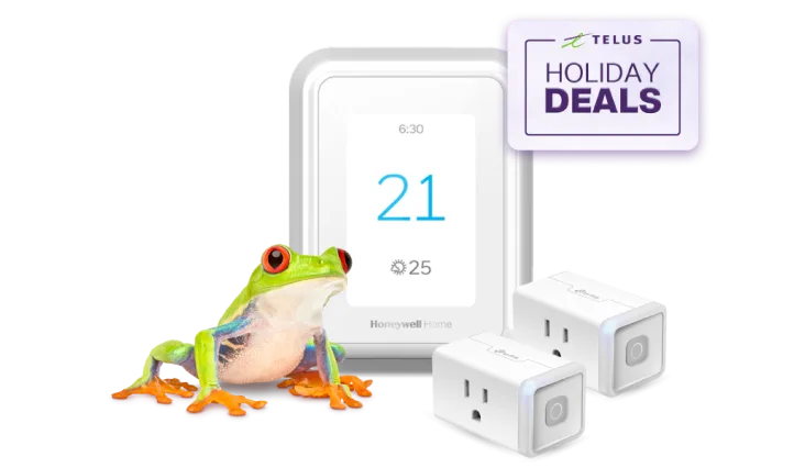 A frog is standing next to a smart thermostat and two smart plugs, displaying a roundel that says, "Holiday Deals."