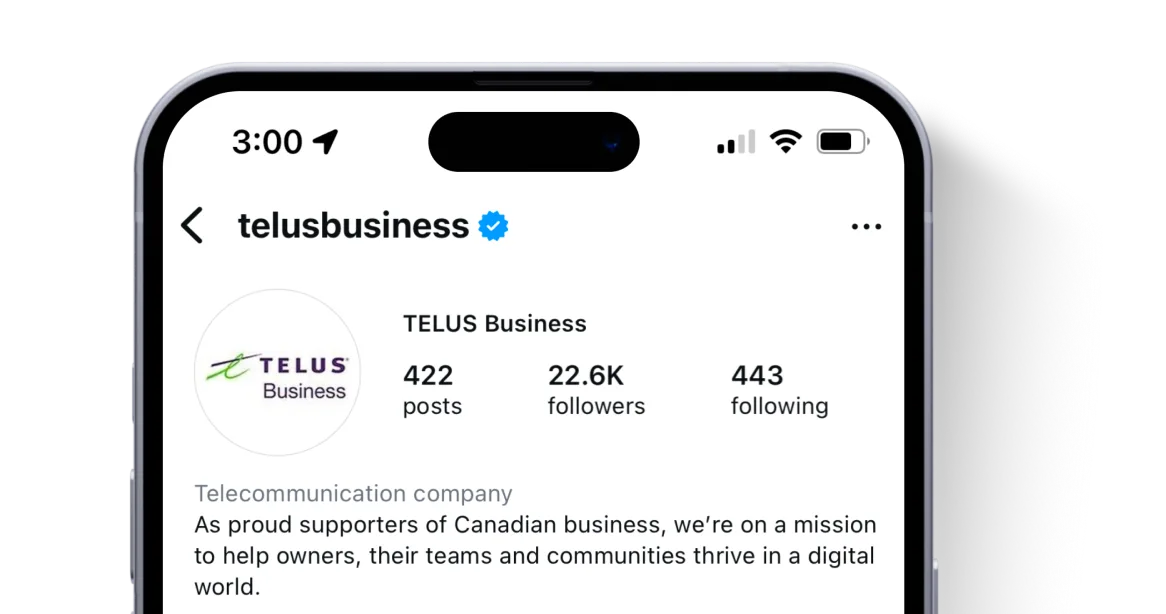 A mobile screen showcasing TELUS Business instagram page