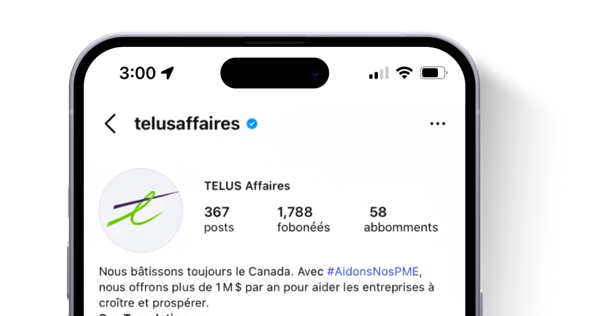 Un écran mobile présentant la page Instagram de TELUS Affaires