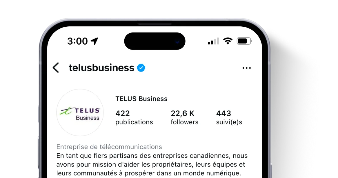 Un écran mobile présentant la page Instagram de TELUS Affaires