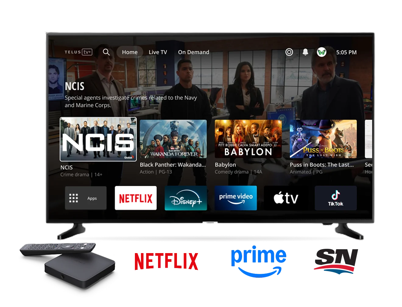 A large TV with various show selections on TELUS TV+ app.